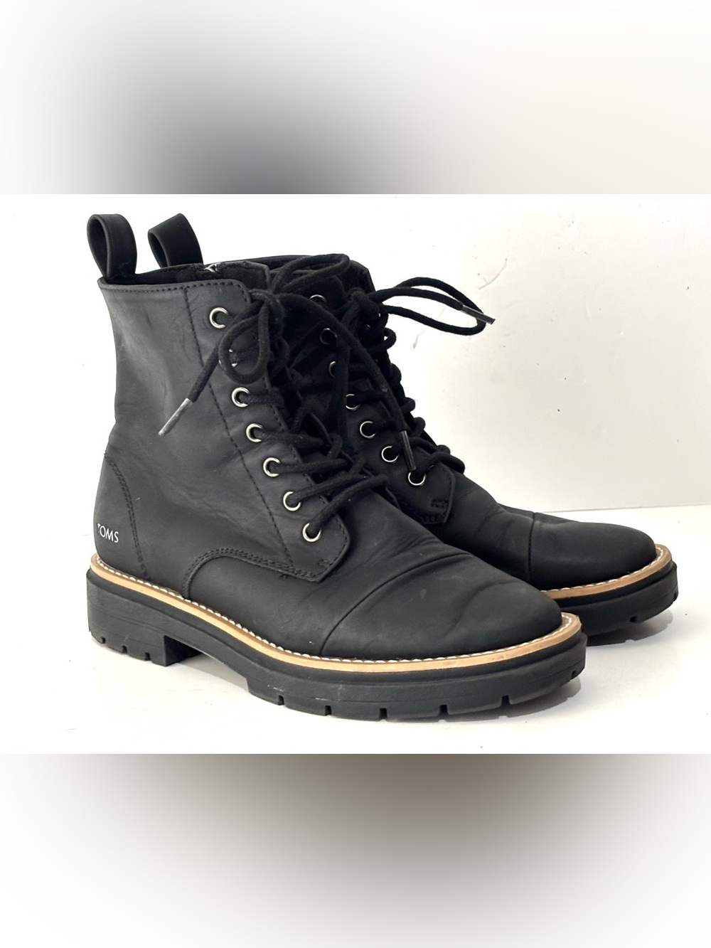 TOMS Alaya Combat Boots Women's Size 5.5 Black Nubuck Lace Up Mid Calf Boots